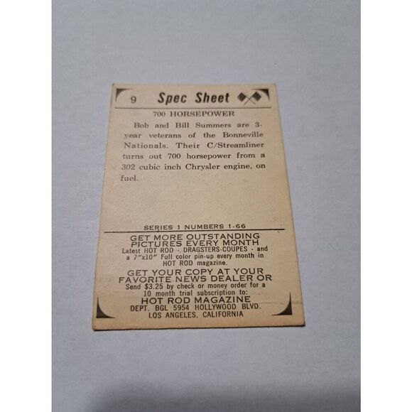 Vintage 1965 Hot Rod Magazine Trading Card #9 Bob Bill Summers Spec Sheet Card - Picture 3 of 3